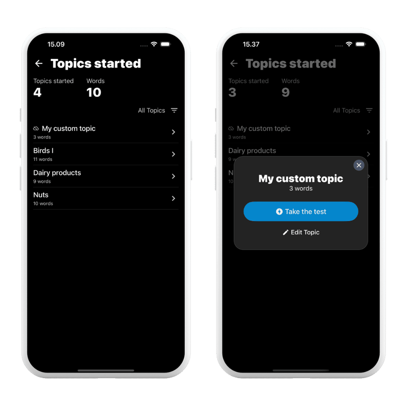 App screenshots presenting Birds topic with Parrot as a word