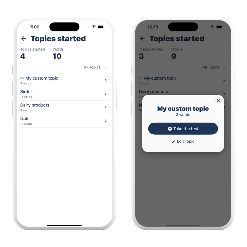 App screenshots presenting Birds topic with Parrot as a word