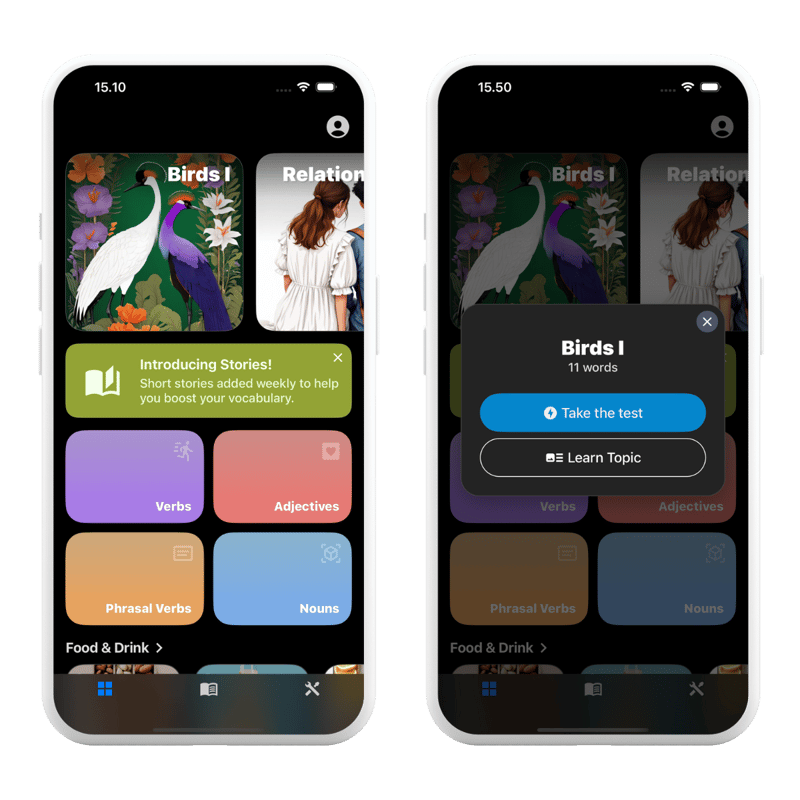 App screenshots presenting Birds topic with Parrot as a word
