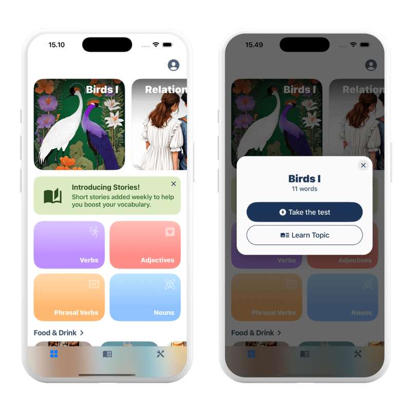 App screenshots presenting Birds topic with Parrot as a word