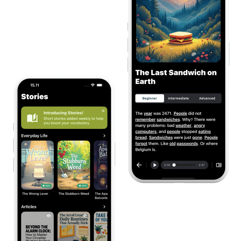 Stories feature showing interactive reading with unfamiliar words highlighted