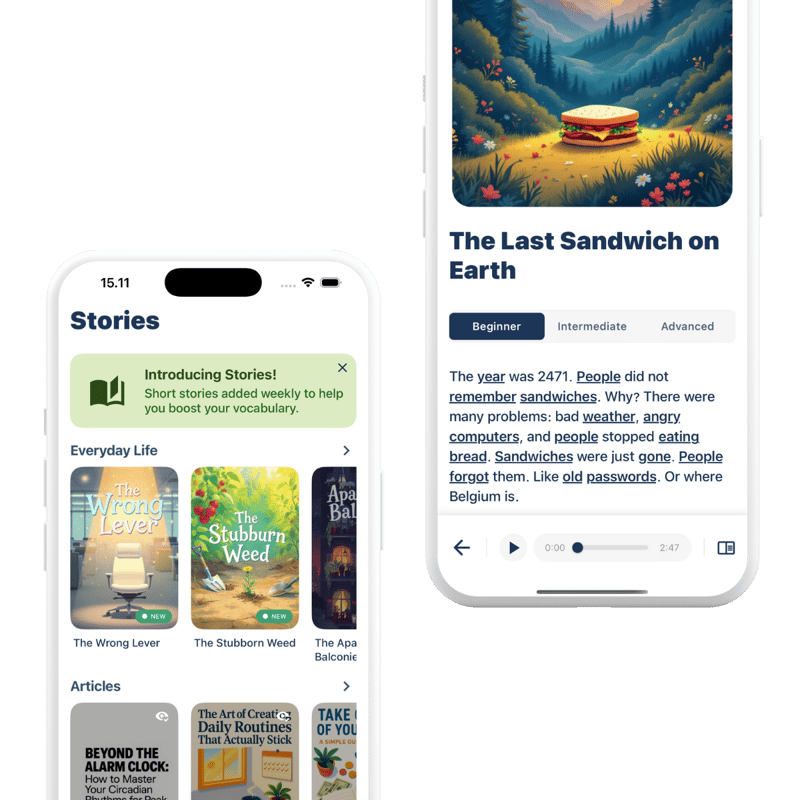 Stories feature showing interactive reading with unfamiliar words highlighted