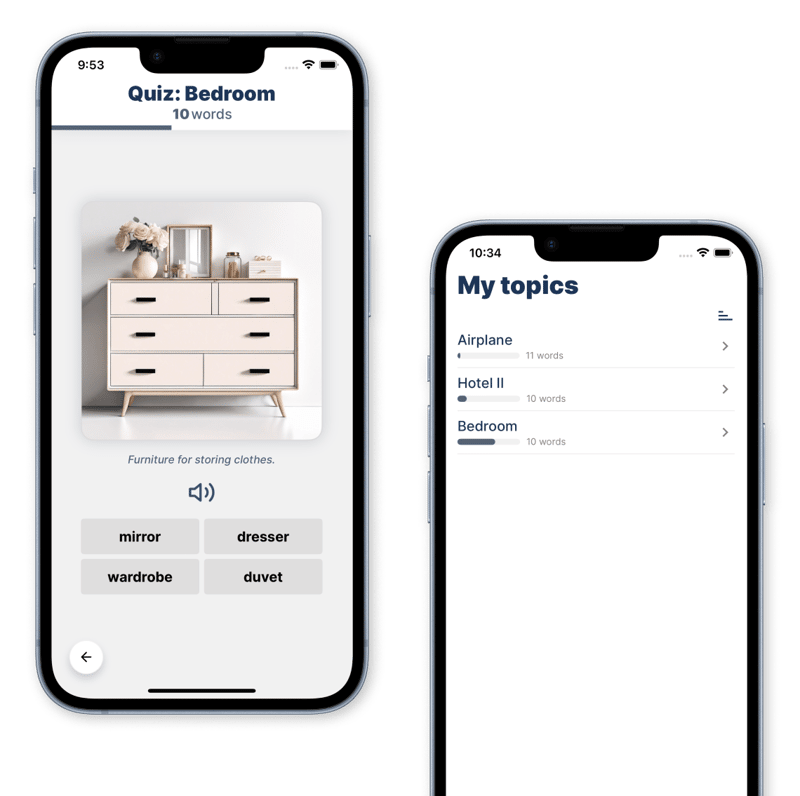 App screenshots presenting Bedroom topic with Duvet as a word