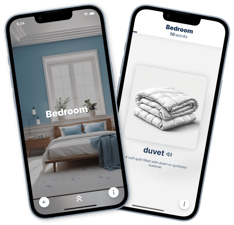 App screenshots presenting Bedroom topic with Duvet as a word