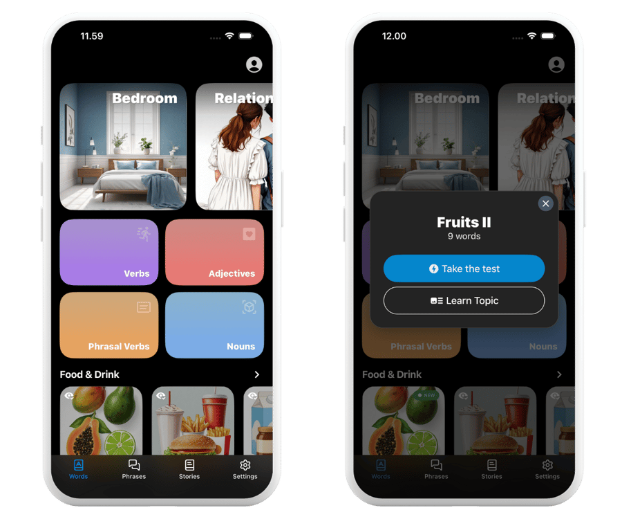 Vocabulary by topic feature showing a bedroom topic and a translated word card