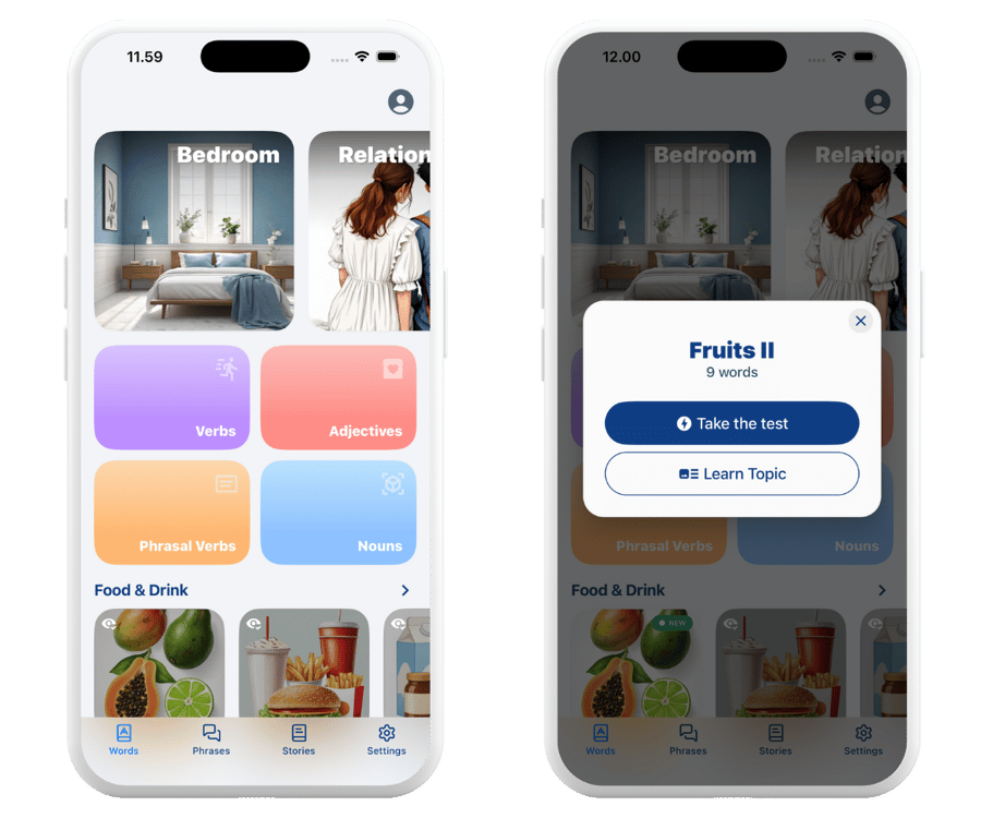 Vocabulary by topic feature showing a bedroom topic and a translated word card