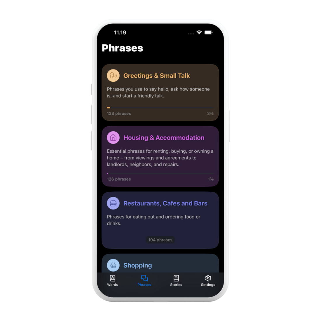 Useful phrases feature showing common English phrases and expressions
