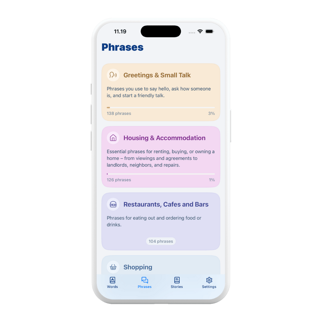 Useful phrases feature showing common English phrases and expressions